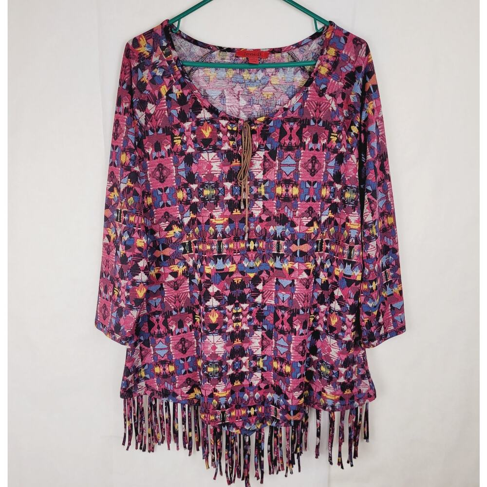 Joni B. stretch knit fringe top Size XL Southwestern Boho Artsy Maximal